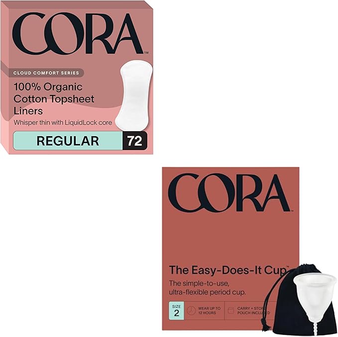 Cora Organic Feminine Care | 72 Long No Wings Liners and a Size 2 Menstrual Period Cup | Medical Grade Silicone | Eco-Conscious | Bundle Pack