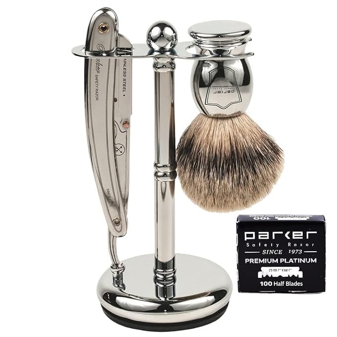 Parker SR1 Classic Straight Razor Set for the Ultimate Wet Shave – Includes 100% Pure Badger Brush Chrome Stand &amp 100 Premium Stainless Steel Blades – Barber‑Quality Grooming Kit for Men