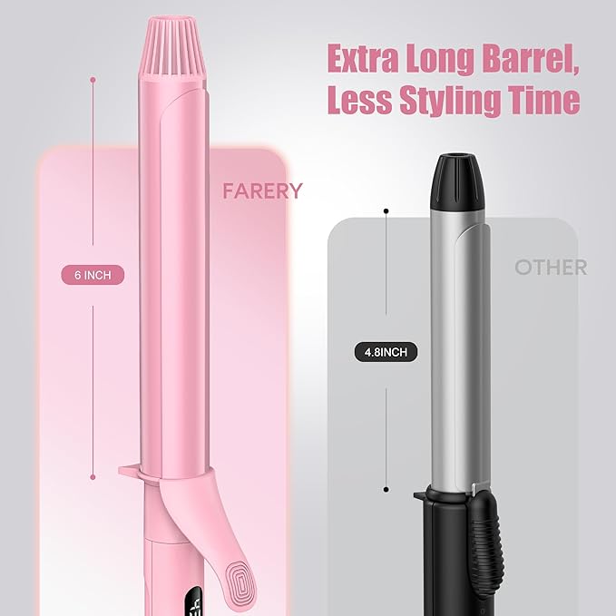 FARERY Long Barrel Curling Iron 1 1/4 inch 1.25 Inch Curling Iron for Thin Hair Infused Argan Oil &amp Keratin 11 Adjustable Temp Include Clips &amp Silicone Pad Pink