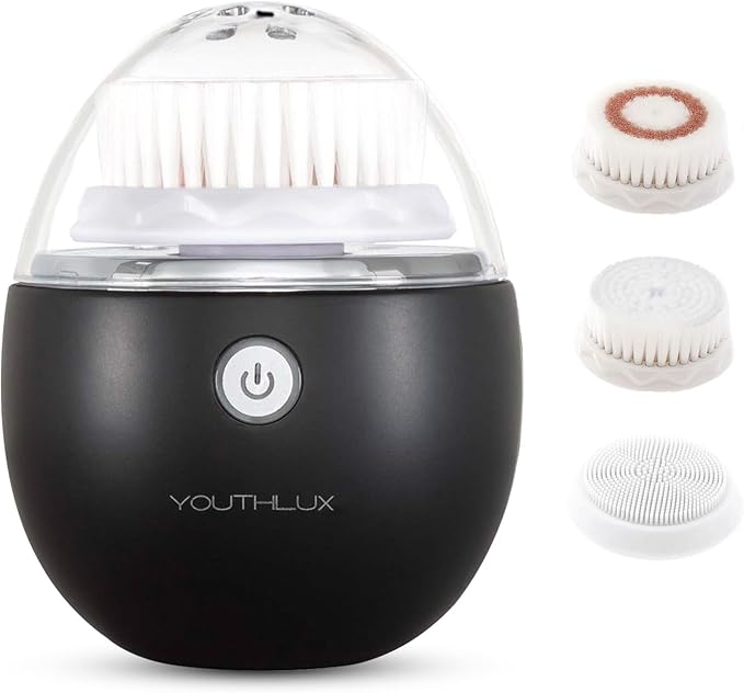 Pure Radiance Vibrating Facial Cleansing Brush Electric 3 Modes 3 Brush Heads (2 Bristle1 Silicone) Waterproof Rechargeable Smart Timer Exfoliating Massage (Black)