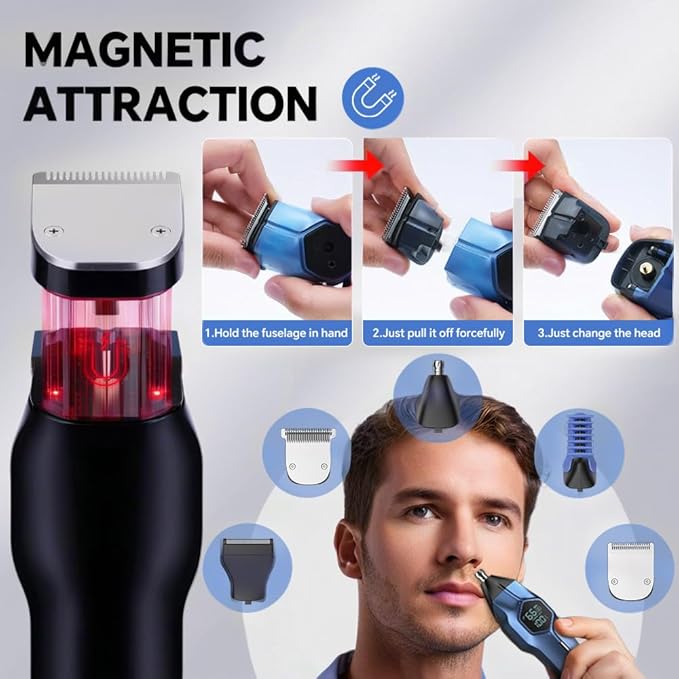 5-in-1 Electric Beard Trimmer Magnetic Replacement Heads Professional Cordless Hair Clippers for Men Rechargeable IPX7 Waterproof Grooming Kit for Face Mustache Body Nose Gifts for Men (Blue)