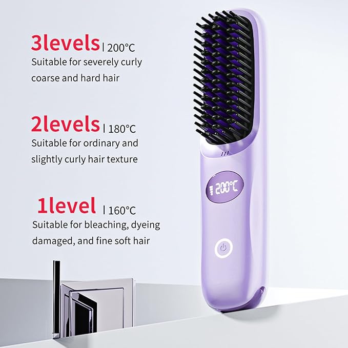 Go Brush Pro Portable Cordless Hair Straightener Brush for Travel Fast Heating Straightening Comb with LCD Display &amp °F/°C Switch Rechargeable Anti-Frizz Styling Tool for Smooth Shiny Hair (Purp