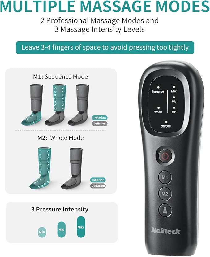 Nekteck Leg Massager for Circulation and Relaxation Air Compression Foot and Calf Massager to Relieve Pain Edema Swelling with 2 Size Extensions Gift for Mom Dad Men Women