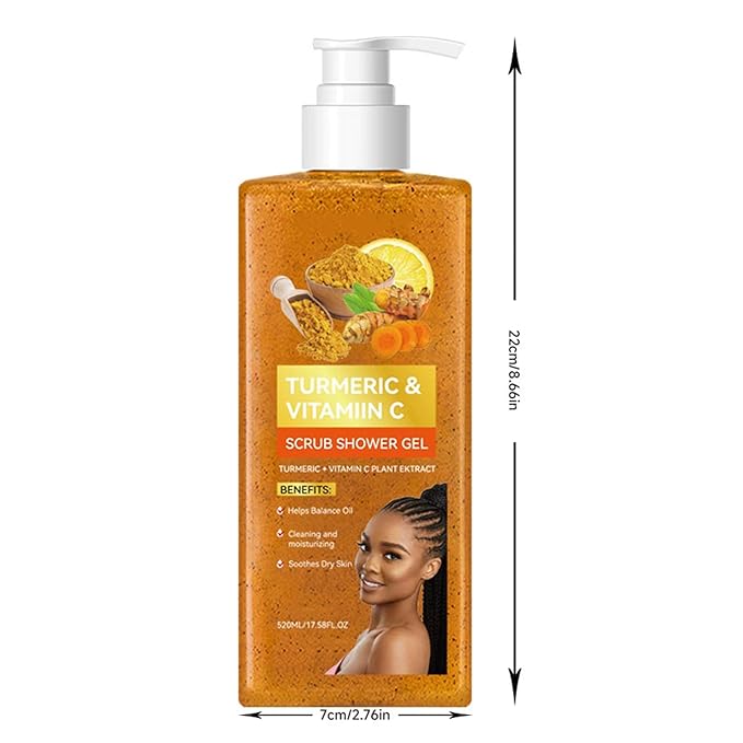 Turmeric Vitamin C Scrub Body Wash - Moisturizing Hydrating Exfoliating Body Wash Deep Cleansing Evens Skin Tone Improves Texture Gentle Exfoliating Shower Gel for All Skin Types 17.58 oz