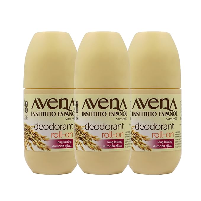 Avena Instituto Español Deodorant Roll-On 3 Pack of 2.5 Oz Bottles Oat-Based Formula for Softness and 48 Hours Freshness