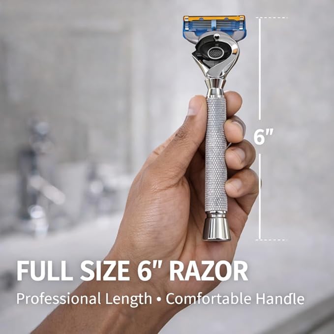 Flex Ball Handle Shaving Razor – All Chrome Long Handle Razor with Flex Pivot Technology &amp Diamond Knurled Grip for Men’s Precision Shaving