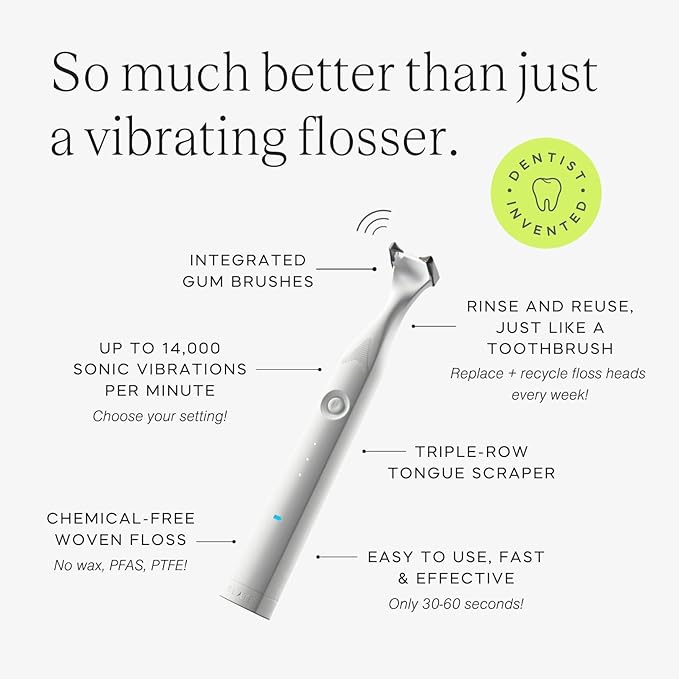 Slate Electric Flosser – Starter Set + 20pk Black Refills | 3-in-1 Dentist-Invented with Reusable Floss Heads Gum Brushes &amp Tongue Scraper | 20-Pk Non-Toxic Floss Heads (4-Month Supply)