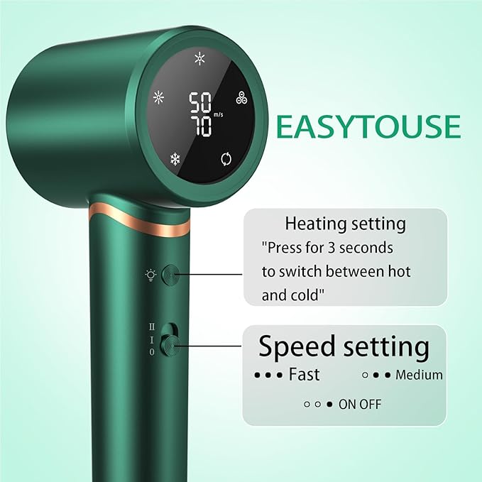 Hair Dryer Negative Ionic Blow Dryer for Fast DryingLow NoiseThermo Control Hair Dryer 2 Speed and 3 Heat SettingsCold Air Button with 1 Diffuser 110000 RPM High Speed Brushless Motor (Green)