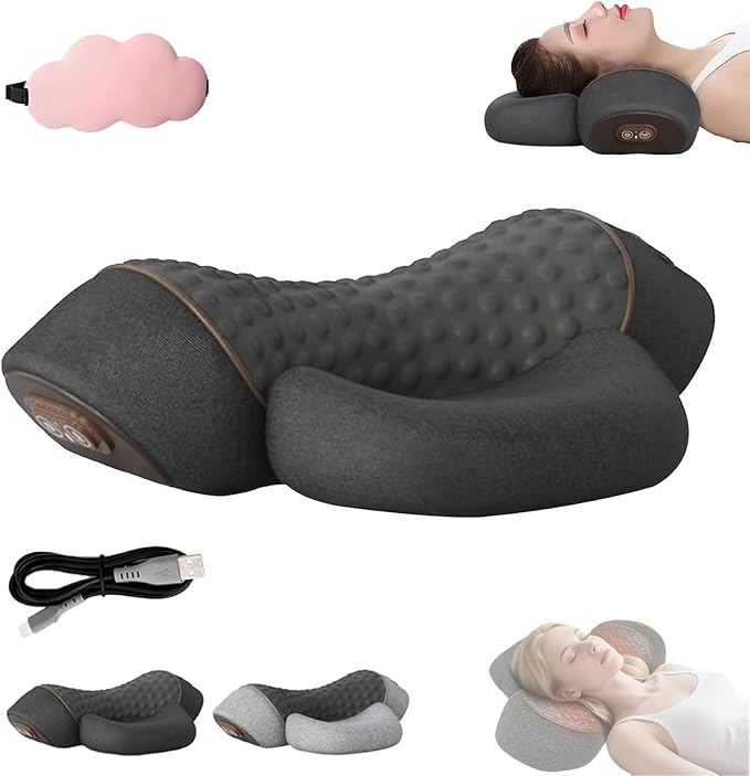Heapls 3 in 1 Neck Massage Pillow 3 Function Modes - Traction and Lifting/Bionic Massage/Smart Heat Compress Massages for Stress Relief &amp Neck Nervous Alleviation for Office &amp Home (Black)