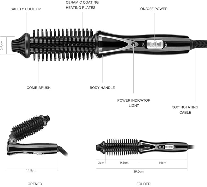 Ceramic Tourmaline Foldable Anion Hair Brush Curler Hair Curling Iron Hair Styling Tools (US Plug 110‑240V)
