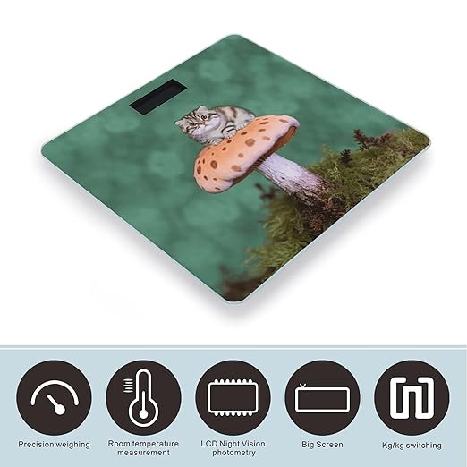 Cat on Mushroom Digital Bathroom Scale for Body Weight with High Precision Digital Weighing Scale with BMI Clear LCD Display and Step-On Measures Weight Up to 180kg
