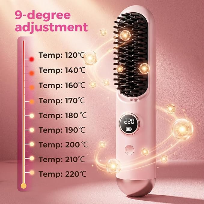 2026 Go Brush Pro Cordless Hair Straightener Brush Mini Portable Travel Styling Comb with 9 Temps Fast Heating &amp USB Rechargeable Ideal for Short Hair &amp All Hair Types