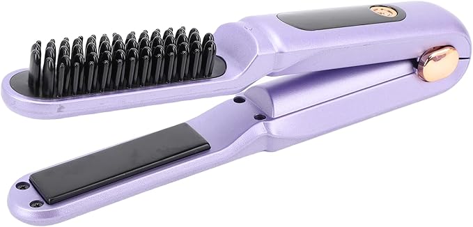 YUYTE Hair Straightener Brush for Women: 2 in 1 Curling &amp Straightening Brush with Dust Cover Ceramic Hot Comb with 3 Temps for Hair Styling (Purple)