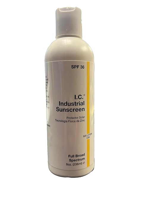 I.C. Industrial Sunscreen Mineral Based SPF 36 Physical Zinc Protection Full Broad Spectrum 80 Minute Sweat &amp Water Resistant Heat Stress Anti-Inflammatory Properties. USA 8oz Bottle (ISSC-8)