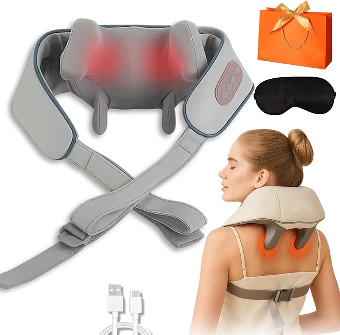 Neck &amp Shoulder Massager Portable Electric Back Massager with Soothing Heat 6D Shiatsu Neck Massager with Back Buckle Design Cordless &amp Quiet Operation Reduce Stress (Gray)