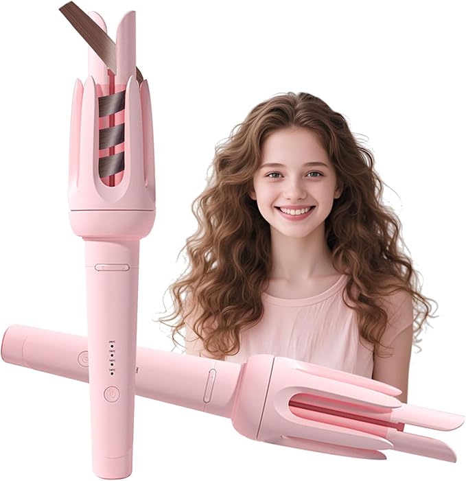 Automatic Curling Iron 1.25Inch Wave Curling Iron Fast Heating Hair Curling Wand with 3 Temp &amp LED Display 60Min Auto Shut-Off Anti-Scald Anti-Tangle Rotating Curling Irons for Hairstyle (Pink