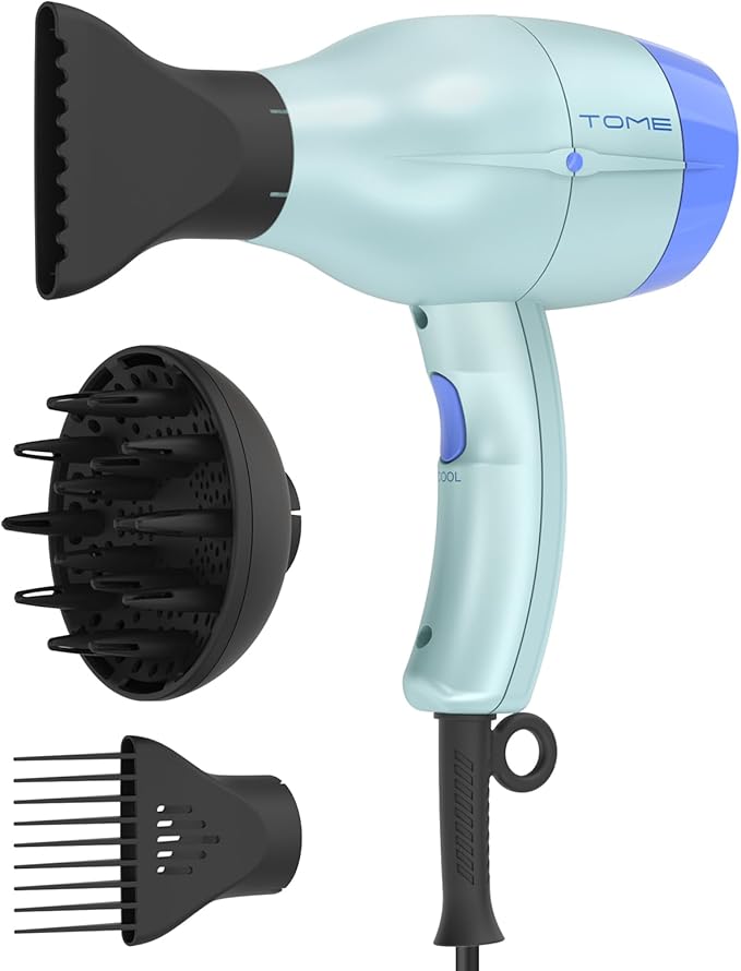 TOME Hair Dryer with Diffuser 1875W Ionic Blow Dryer with Comb Attachment and Concentrator for Home Use Fast Drying with Cool Shot and 2 Heat &amp 2 Speed Settings 125V Blue