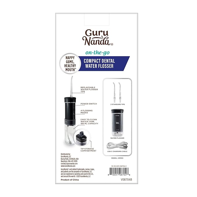 GuruNanda Compact Water Dental Flosser Portable Travel Size Oral Irrigator Flosser with Collapsible 180 ml Tank Smart Timer 4 Flossing Modes TSA-Friendly - Black
