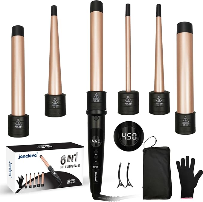 6 in 1 Hair Wand Curling Iron - Janelove 180-450℉ Long-Lasting Ceramic Hair Curlers 0.35 to 1.25 inch Curling Wand Set for All Women 100-220V Hair Waver with LCD- Gold