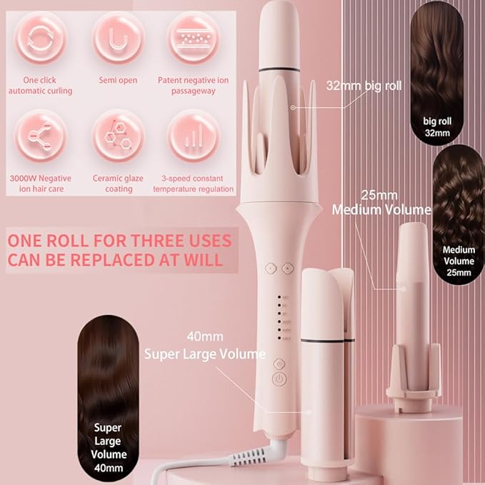 4-in-1 Automatic Curling Iron Multifunctional with 1 - 1.57 Interchangeable Barrel Salon Curls Waves Hair Straightener Brush for All Hair Lengths (Pink 4in1)