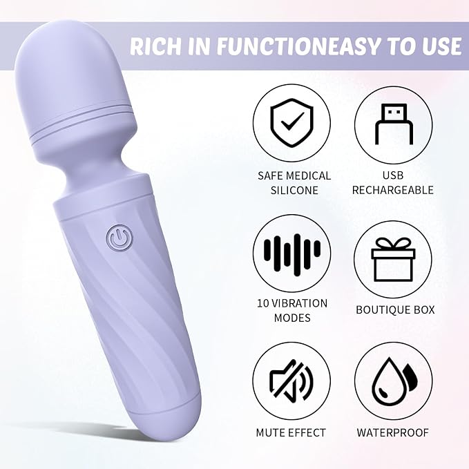 Handheld Personal Mini Massager Tool– Waterproof USB Rechargeable 10 Vibration - Perfect on Back Legs Hand Pains and Sports Recovery(Gray Purple)