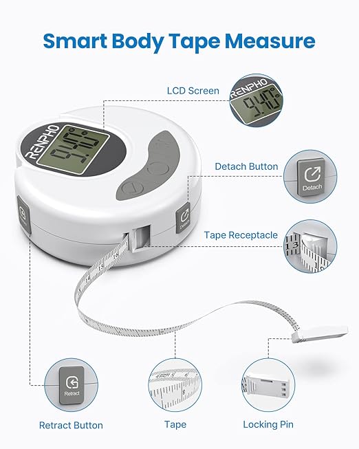 RENPHO Body Measuring Tape Bluetooth Smart Tape Measure with Lock Hook &amp Retractable Function Accurate Body Fat Measurement Device for Weight Loss Muscle Gain Fitness Bodybuilding 60in /150cm