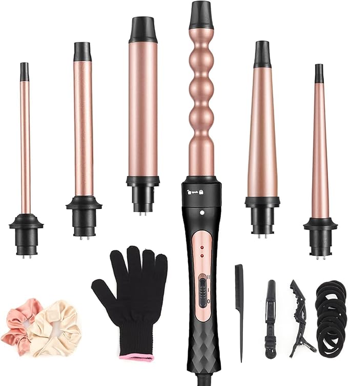 6 in 1 Curling Iron Professional Curling Wand Set Fast Heating Hair Curler with 6 Interchangeable Ceramic Barrels (0.35'' to 1.25'') for Women Quick Create Hairstyle in All Hair Type
