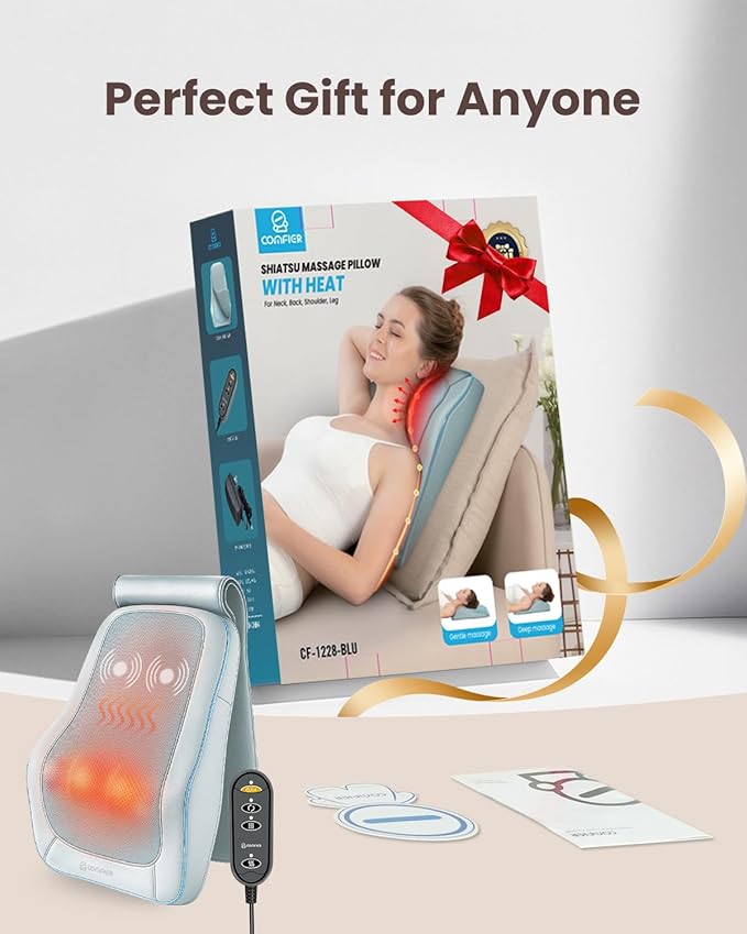 COMFIER Shiatsu Back Massager with Heat &amp Vibration 3D Deep Kneading Back Massage for Pain Relief Home Office UseBlue