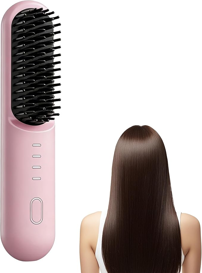 Cordless Hair Straightener Brush - Ionic Portable Straightening Comb with 3 Temp Settings 30s Fast Heating &amp Ceramic Care USB-C Rechargeable Mini Heated Brush for Short Hair &amp Travel (Pink)