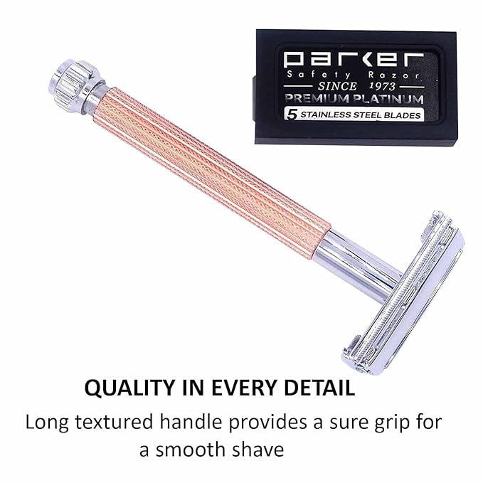 Parker 29L Rose Gold Long Handle Butterfly Open Double Edge Safety Razor for Men &amp Women 5 Parker Premium Platinum Double Edge Razor Blades Included