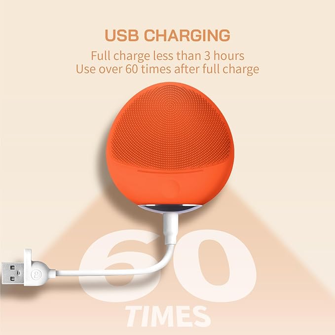 Silicone Face Brush - Electric Face Cleansing Brush and Exfoliator 3-Speed Sonic Vibration IPX7 Waterproof USB Fast Charge Portable with Hook and Cover Perfect Gift for Women/Men (Orange)