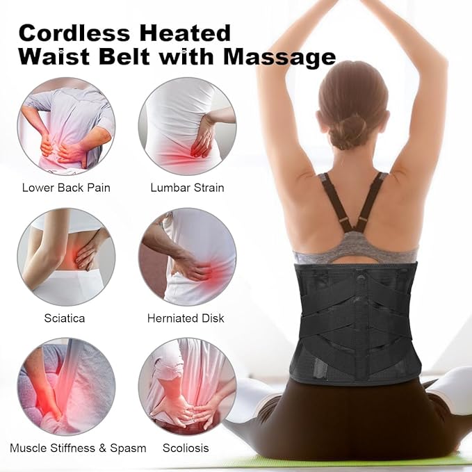 Cordless Heating Pad Back Massager Brace Rechargeable Heated Back Brace and Massage Belt for Lower Back Pain Relief(M)