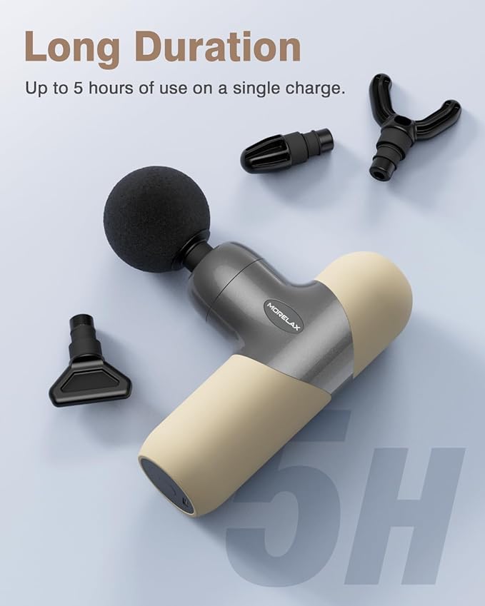 Morelax Mini Massage Gun Deep Tissue Portable Percussion Muscle Massager for Whole Body Pain Relief Electric Handheld Sport Massager with 6 Massage Heads 4 Speed Best Gift (Silver Beige)