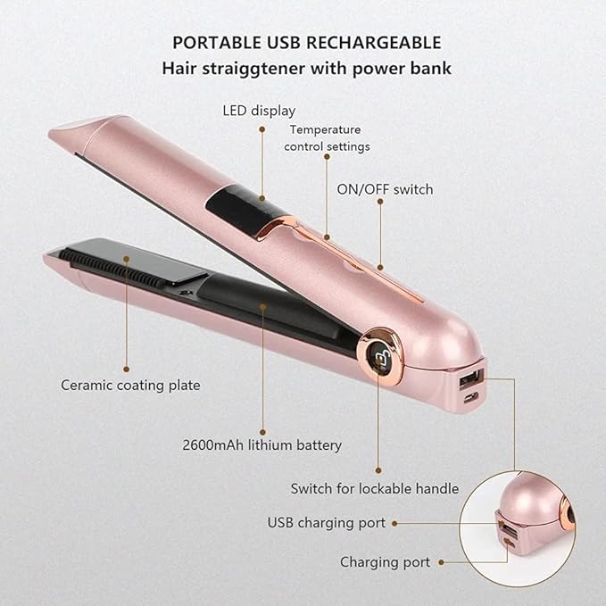 Dioche 2 in 1 Curling Iron and Straightener USB Wireless Hair Straightener and Curler with Floating 3D Heating Panel 3 Adjustable Temperatures LED Display (Pink)