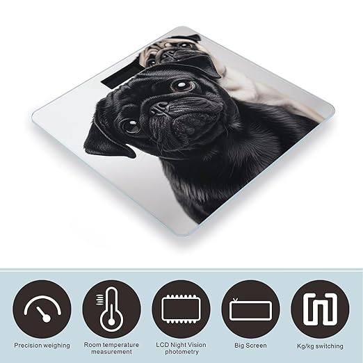 Cute Black Pug Dog Smart Scale for Body Weight Accurate Bathroom Scale with LED Display Digital Weight Scales Weighing Machine High Precision Scales for Bath Home