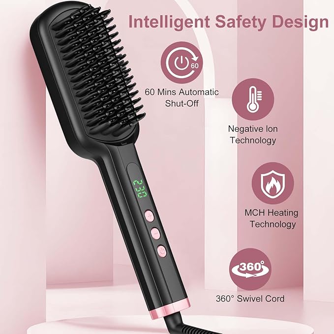 Hair Straightener Brush - SIQUER Ionic Hair Straightening Brush with 13 Temps LCD Display 45s Fast Heating 60mins Auto-Off Anti-Scald Ceramic Hair Straightener Comb for Home Salon Black
