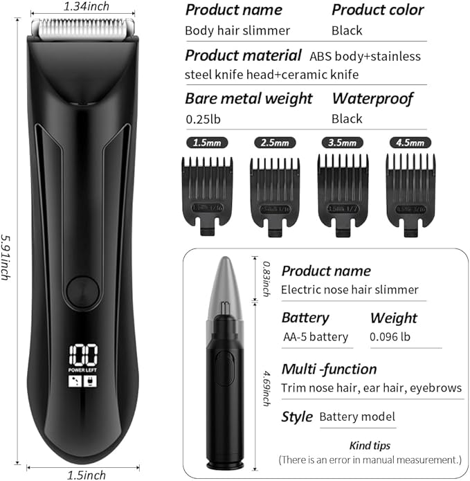 Men's Trimmer - IPX5 Waterproof Electric Shaving Trimmer with Replaceable Ceramic Blade Head Body Groomer for Pubic Area Underarms Chest Groin
