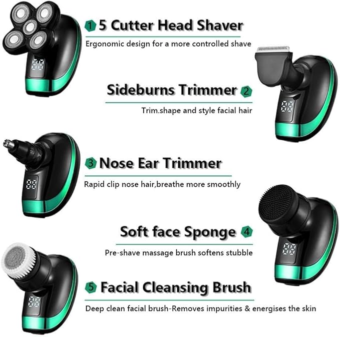 Head Shaver for Men 5D 5-in-1 Shaver Electric Rechargeable Head Shaver Waterproof Rotary Razor Beard Nose Hair Trimmer Electric Shaver for Men