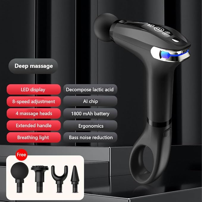 Massager for Body Muscle Relaxation and Fitness LED Screen 4 Massage Heads 8-Level Adjustment Detachable Handle 10 Mm Massage Depth 15-Minute Timer Deep Tissue MassageGrey