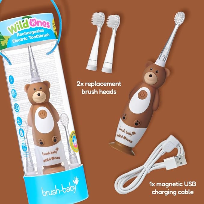 BrushBaby - WildOnes - Kids Rechargeable Electric Toothbrush Ages 0-10 - Bear Design with Flashing Lights - DeepClean Bristles for Superior Cleaning - 2 Replacement Brush Heads 1 USB Cable