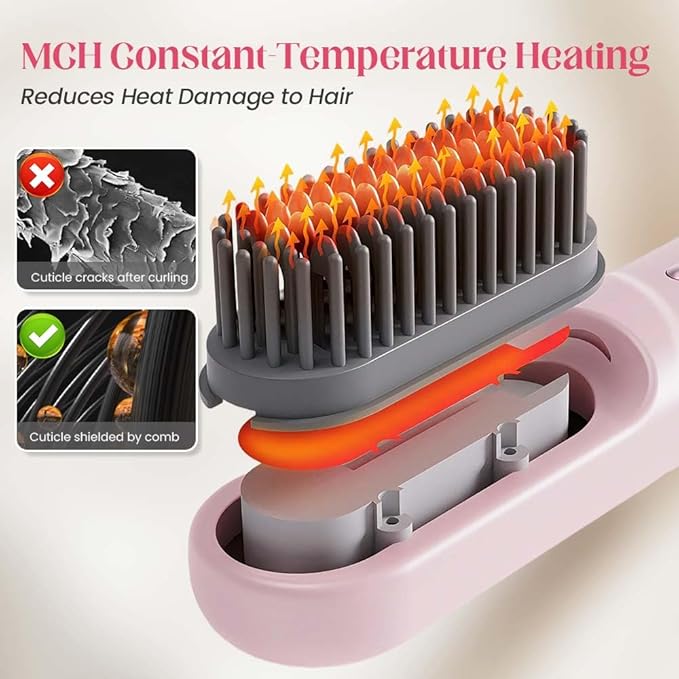 Brush Pro 2026 Hair Straightener Brush Cordless Hair Straightener for Short or Long Hair Portable Hair Comb for Travel 4 Temps 300 Million Negative Ionic (Black)