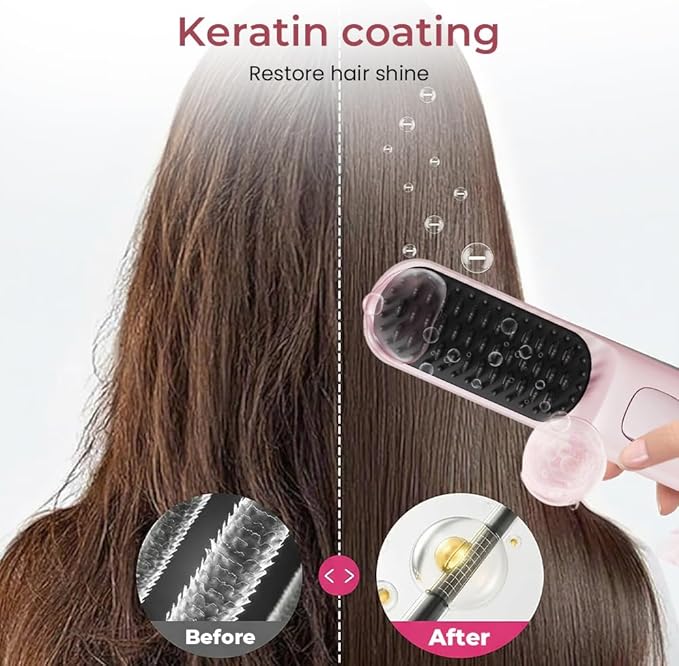 2026 New Go Brush for Short Hair Portable Hair Straightener Cordless Travel Straightening Hair Comb with 4 Temperature Settings Fast Heating Ceramic Brush for Home Use (Pink)