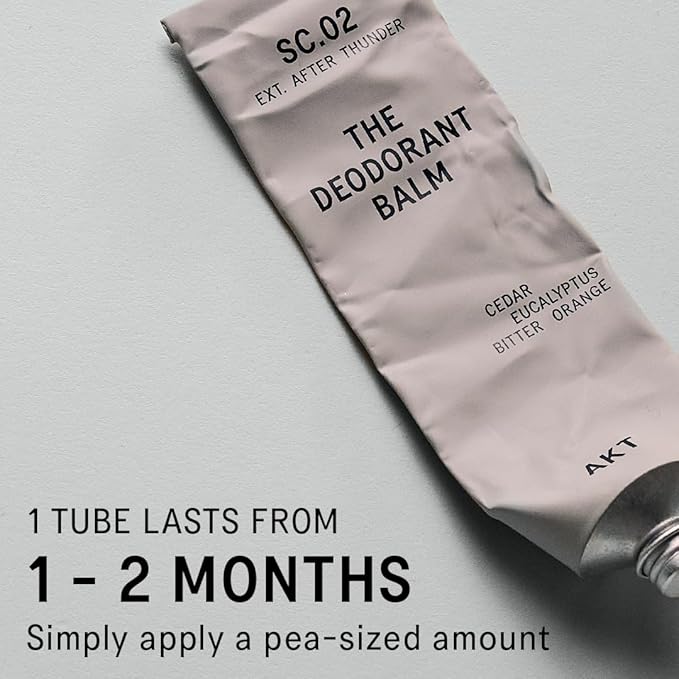 AKT THE DEODORANT BALM. Award winning multi-use natural deodorant. Plastic Free. Gender Free. Aluminium Free. 100% effective — 1 tube lasts up to 3 months. SC.02 AFTER THUNDER. 50ml/1.76 FL.OZ