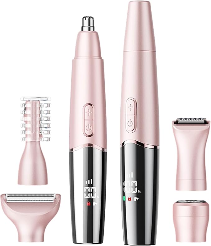 5-in-1 Rechargeable Nose &amp Facial Hair Trimmer - IPX7 Waterproof Dual Edge Grooming Kit for Men &amp Women Perfect for Hair Removal of Nose Eyebrows Arm Bikini and Ear Hair (Pink)