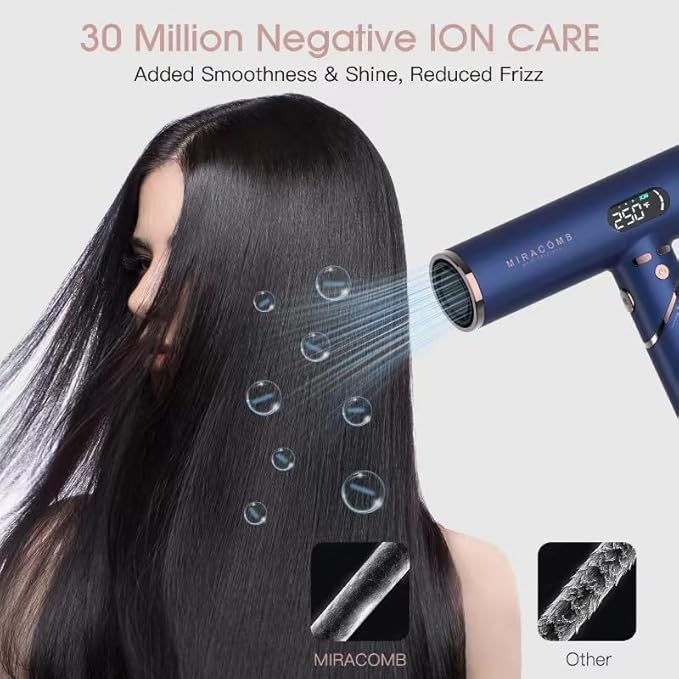 MIRACOMB Foldable Travel Hair Dryer Powerful Ionic Blow Dryer Pro with Brushless Motor for Fast Drying Lightweight Portable Hairdryer for Women/Men Digital Heat/Speed Settings with 2 Nozzles