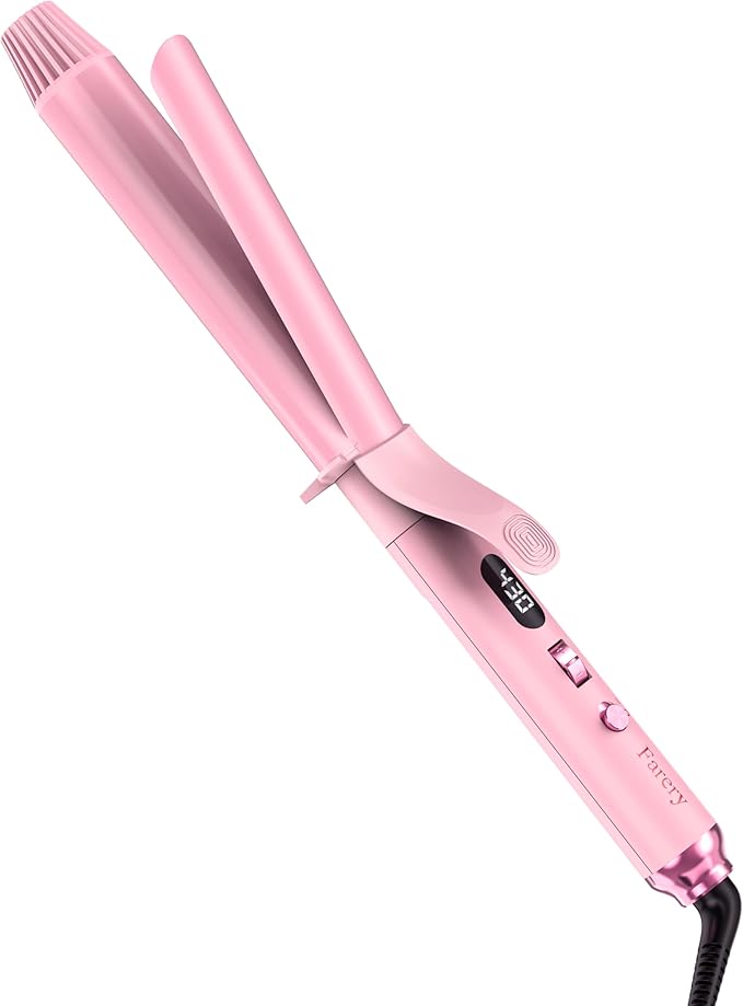 FARERY Long Barrel Curling Iron 1 1/4 inch 1.25 Inch Curling Iron for Thin Hair Infused Argan Oil &amp Keratin 11 Adjustable Temp Include Clips &amp Silicone Pad Pink