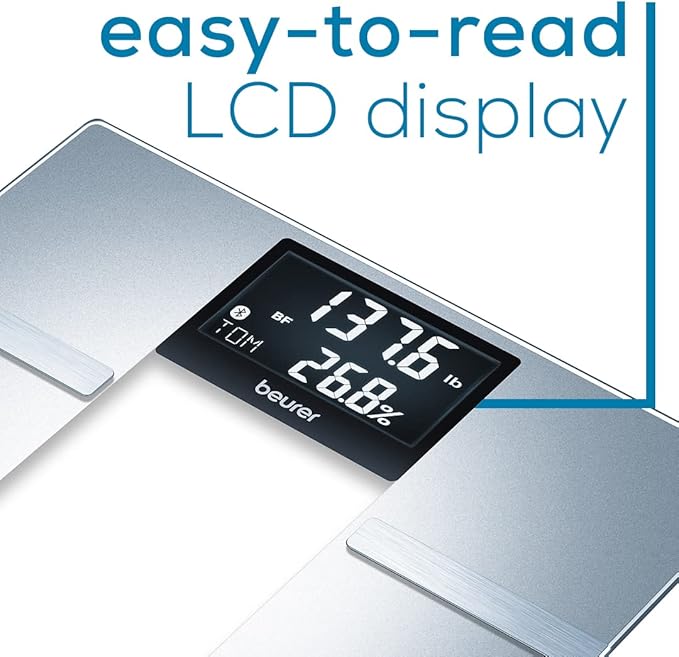 Beurer BF720 Smart Scale for Body Weight Body Fat Body Water &amp More – 400 lb Capacity Bluetooth App Calorie Data User Recognition XL LCD Display Glass Digital Bathroom Scale – Grey