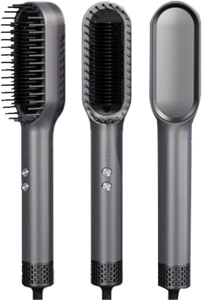 Negative Ions Hair Straightener Brush - 2 in 1 Fast Heating Anti-Scald &amp Anti-Heat Damage Hair Styling Tool - Black Rose Red(Gray)