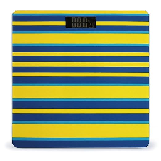 Yellow and Blue Stripes Digital Bathroom Scale for Body Weight Weighing Scale with Backlit LCD Display High Precision Measurements &amp Measures Weight Up to 180kg