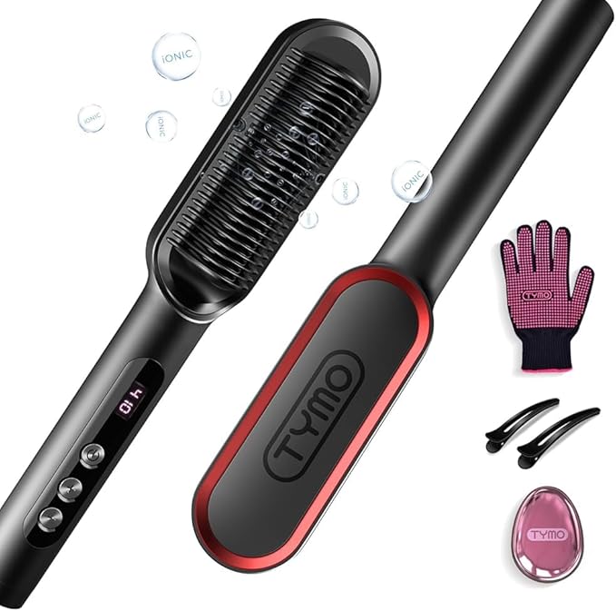TYMO Ring Plus Ionic Hair Straightener Brush - Straightening Comb with Negative Ions for Women Titanium Coating 9 Temp Settings &amp LED Display Dual Voltage Professional Styling Tools
